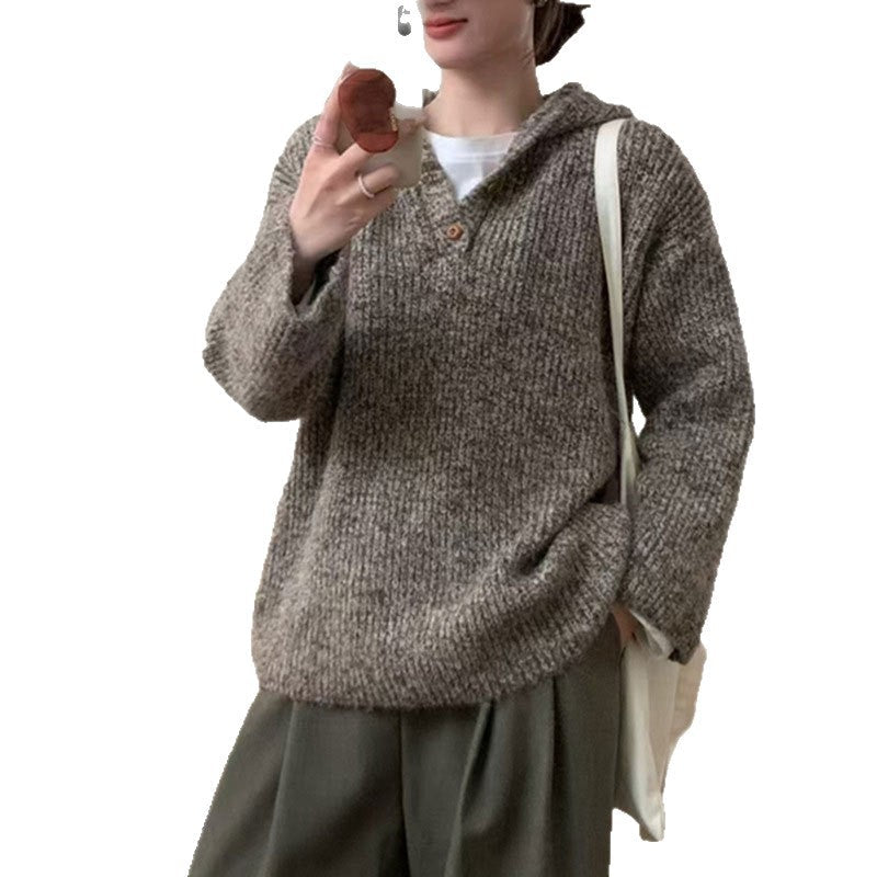 Damen bequemer Strickpullover mit Knopfleiste und Kapuze R&B