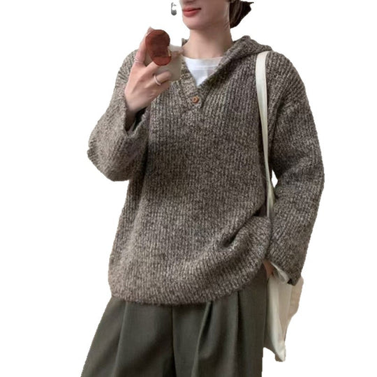 Damen bequemer Strickpullover mit Knopfleiste und Kapuze R&B