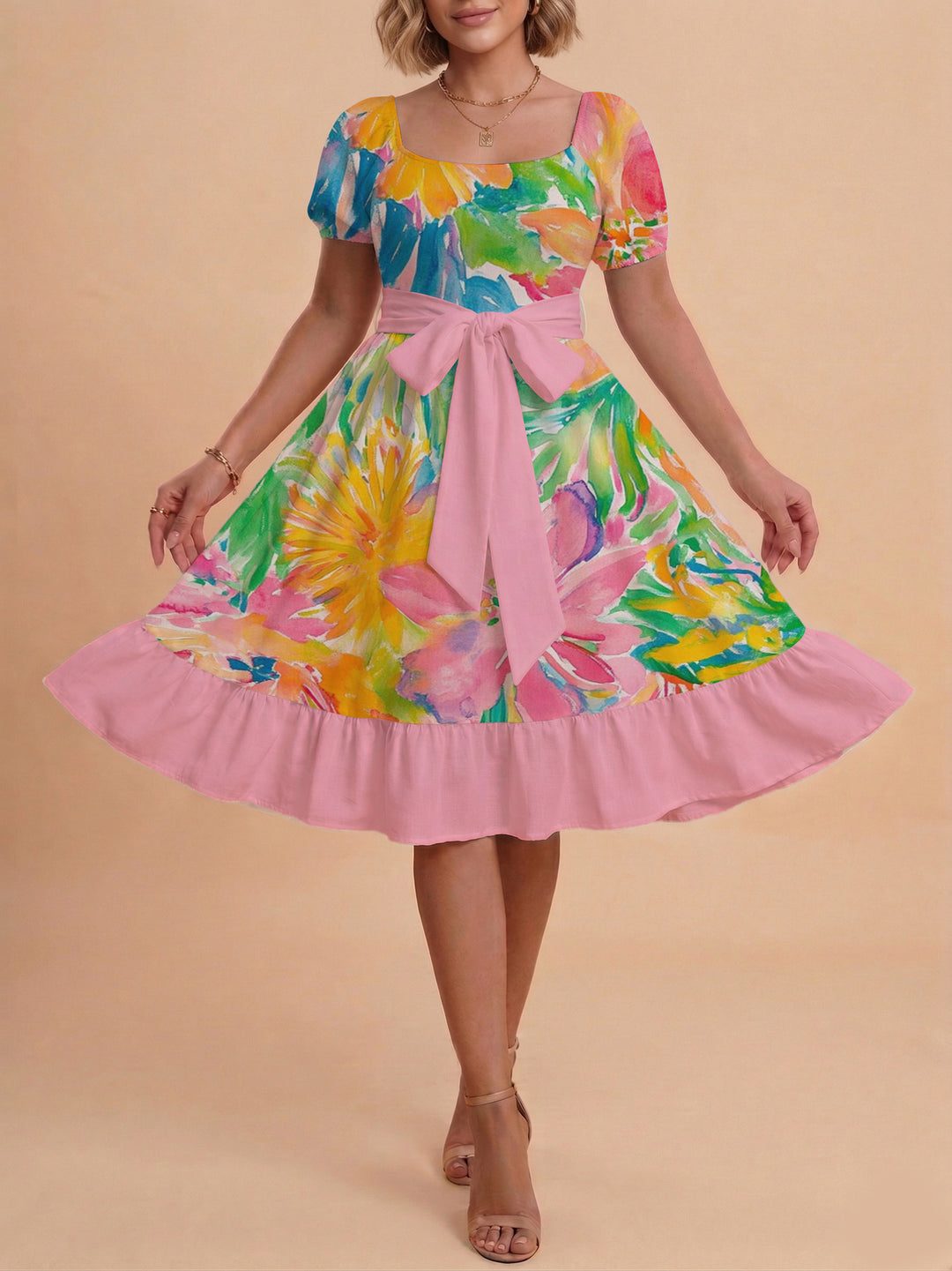 Damen Sommerkleid mit floralem Puffärmel und taillierbarem Gürtel R&B