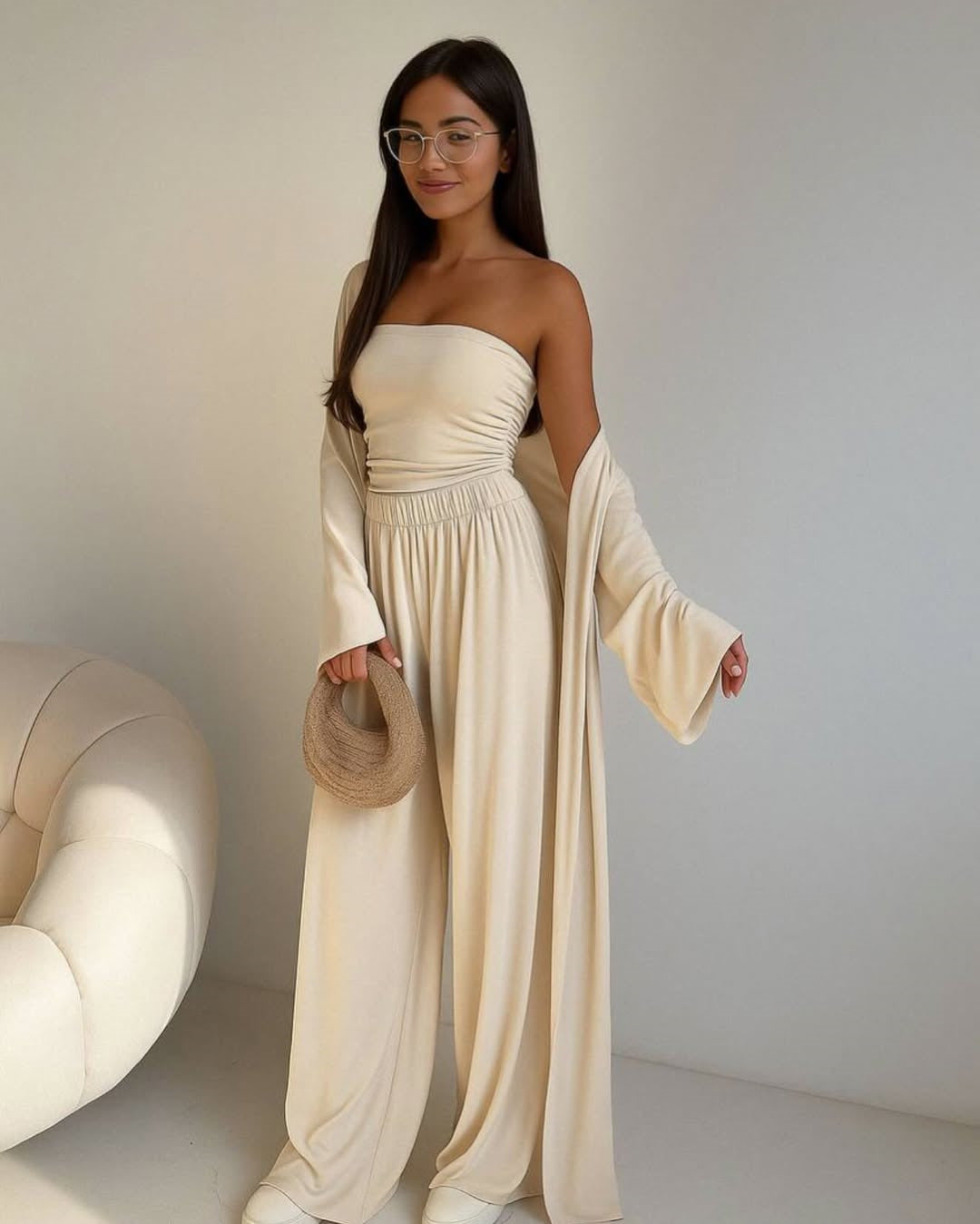 Damen elegantes 3-teiliges Set mit weitem Hosen und tailliertem Oberteil R&B