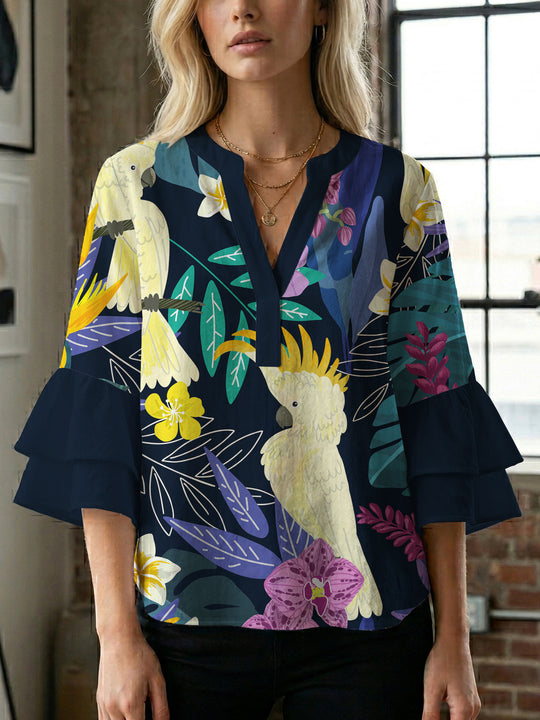 Damen Bluse mit voluminösen Rüschenärmeln und floralem Druck R&B