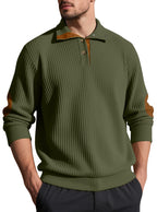 Herren nan Rippstrick-Halbknopf-Pullover mit Kentkragen und Lederbesatz R&B