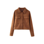 Damen modische Kurzjacke aus Wildlederimitat mit praktischen Taschen und elegantem Kragen R&B