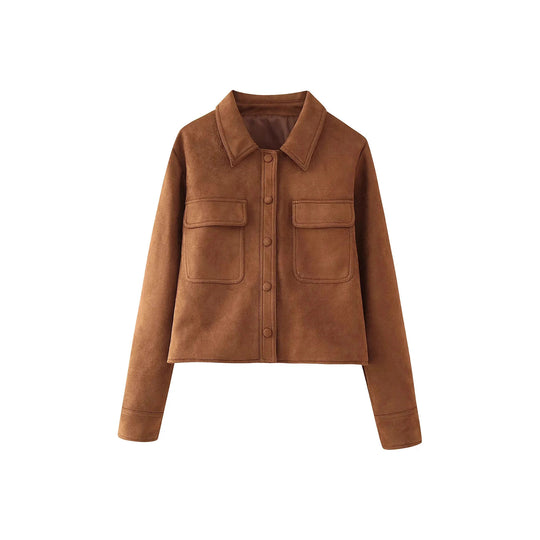 Damen modische Kurzjacke aus Wildlederimitat mit praktischen Taschen und elegantem Kragen R&B