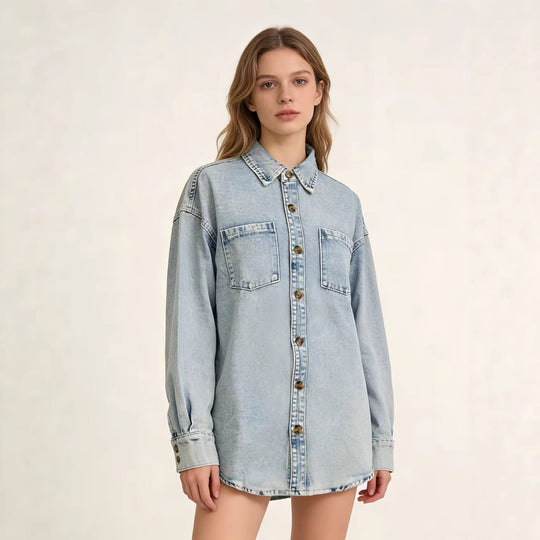 Damen Oversized Denim-Hemd mit aufgesetzten Taschen R&B