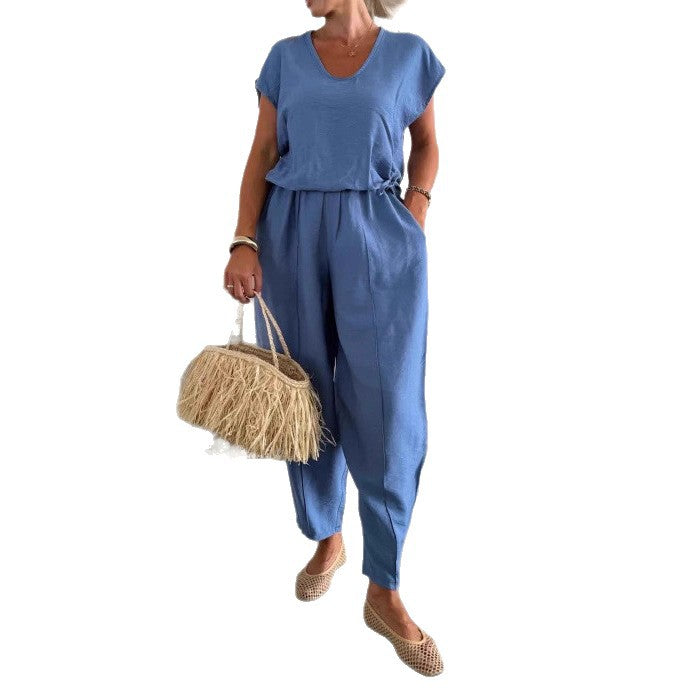 Damen lässiger Jumpsuit mit elastischem Bund und praktischen Taschen R&B