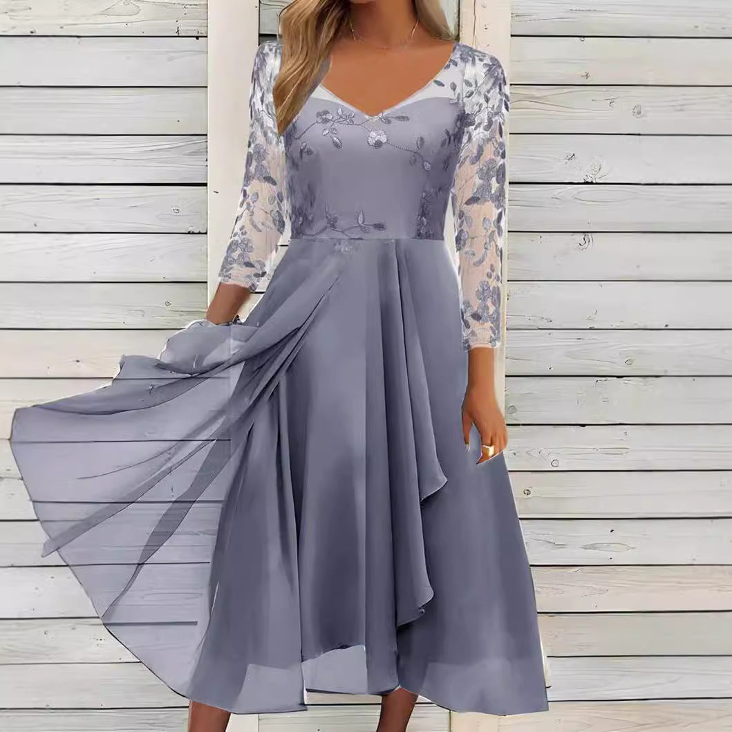 Damen nan V-Ausschnitt Chiffon-Midikleid mit besticktem Bustier, transparenten dreiviertel-Ärmeln und asymmetrischem Lagenrock R&B