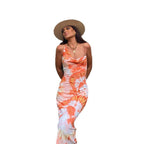 Damen elegantes Sommerkleid mit raffiniertem Wasserfall-Ausschnitt und einzigartigem Batikmuster R&B
