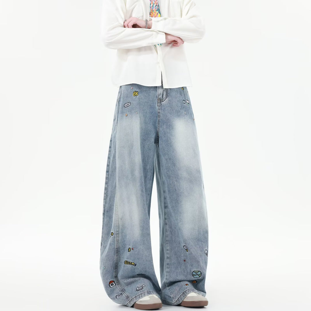 Damen Weit geschnittene Jeans mit bunten Stickereien R&B