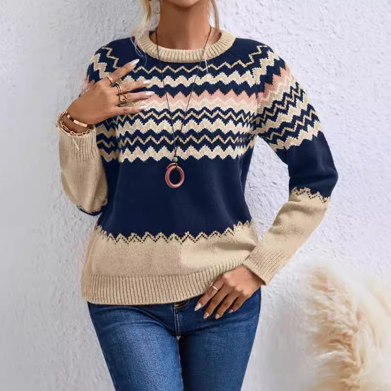 Damen Pullover mit Wellenmuster und klassischem Rundhalsausschnitt R&B