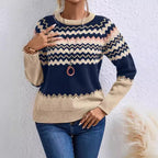 Damen Pullover mit Wellenmuster und klassischem Rundhalsausschnitt R&B