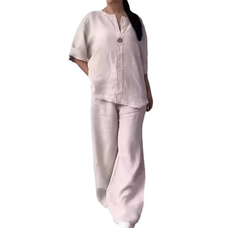 Damen nan lässiges Leinen-Relax-Set mit weiter Hose und Hemdbluse R&B