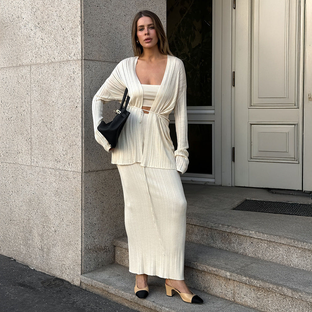 Damen Elegantes Strick-Ensemble mit Crop-Top und Maxirock R&B