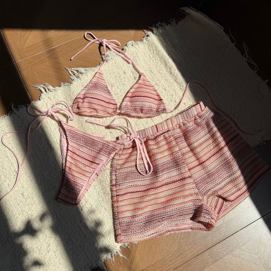 Damen Zweiteiliges Strand-Bikini-Set mit verspielt gestreiftem Oberteil und Shorts R&B