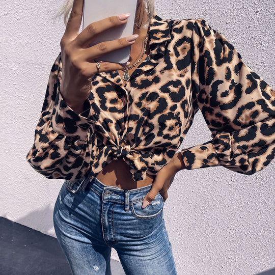 Damen elegante Bluse mit Leopardenmuster und feinen Details R&B
