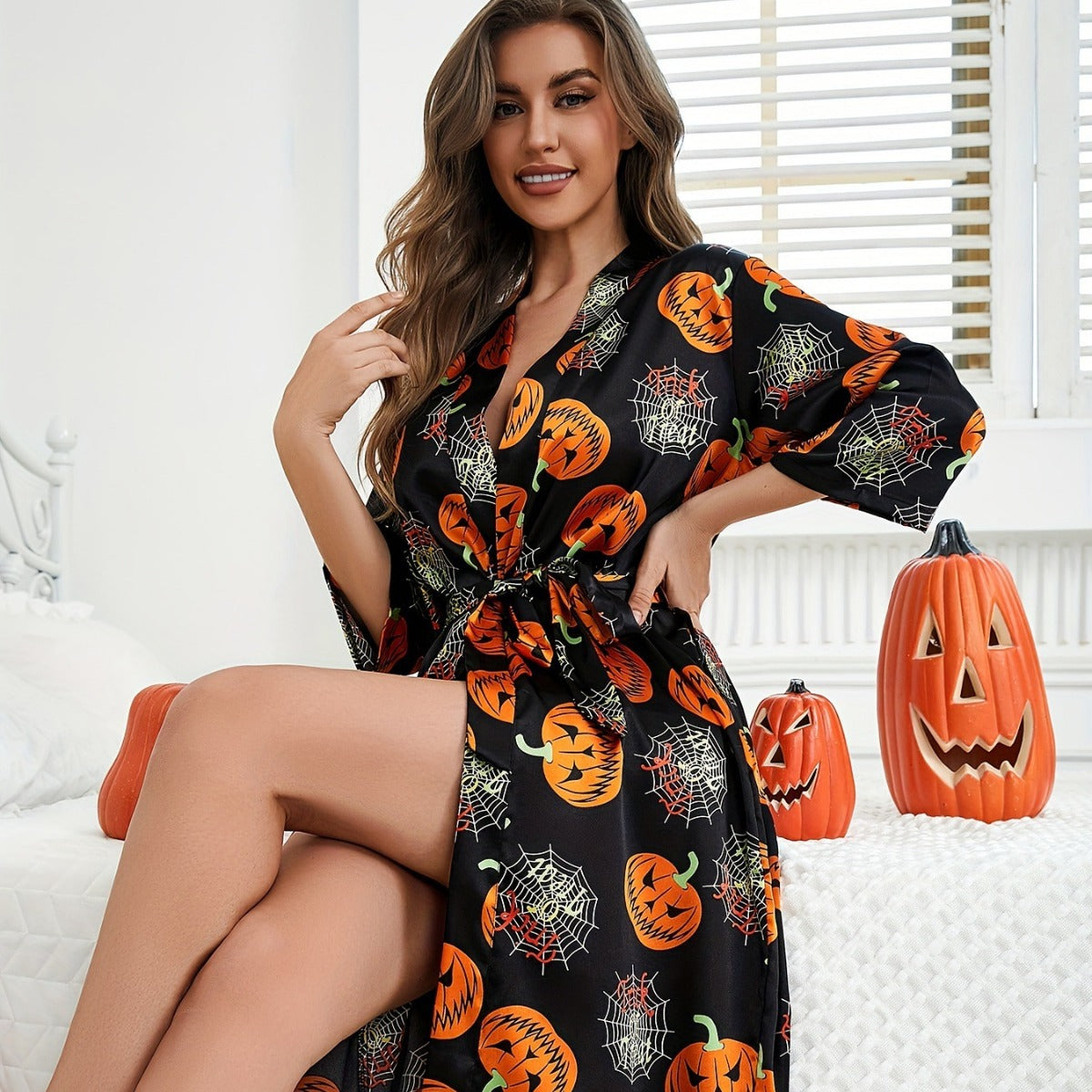Damen-Halloween-Themen-Satin-Robe mit Gürtel R&B