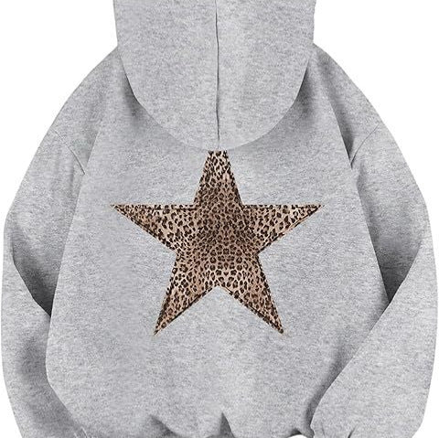 Damen lässiger Kapuzenpullover mit leopardem Muster auf Stern R&B