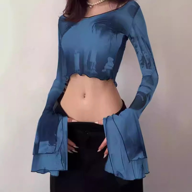 Damen Crop-Top mit transparenten Ärmeln und kunstvollem Druck R&B