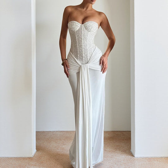 Damen schickes Maxikleid mit elegantem Bustier-Oberteil und gerafftem Rock R&B