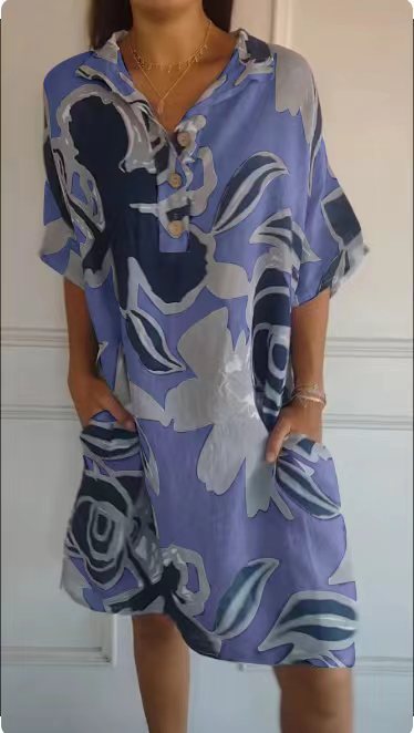 Damen luftiges Strandkleid mit modischem Muster und seitlichen Taschen