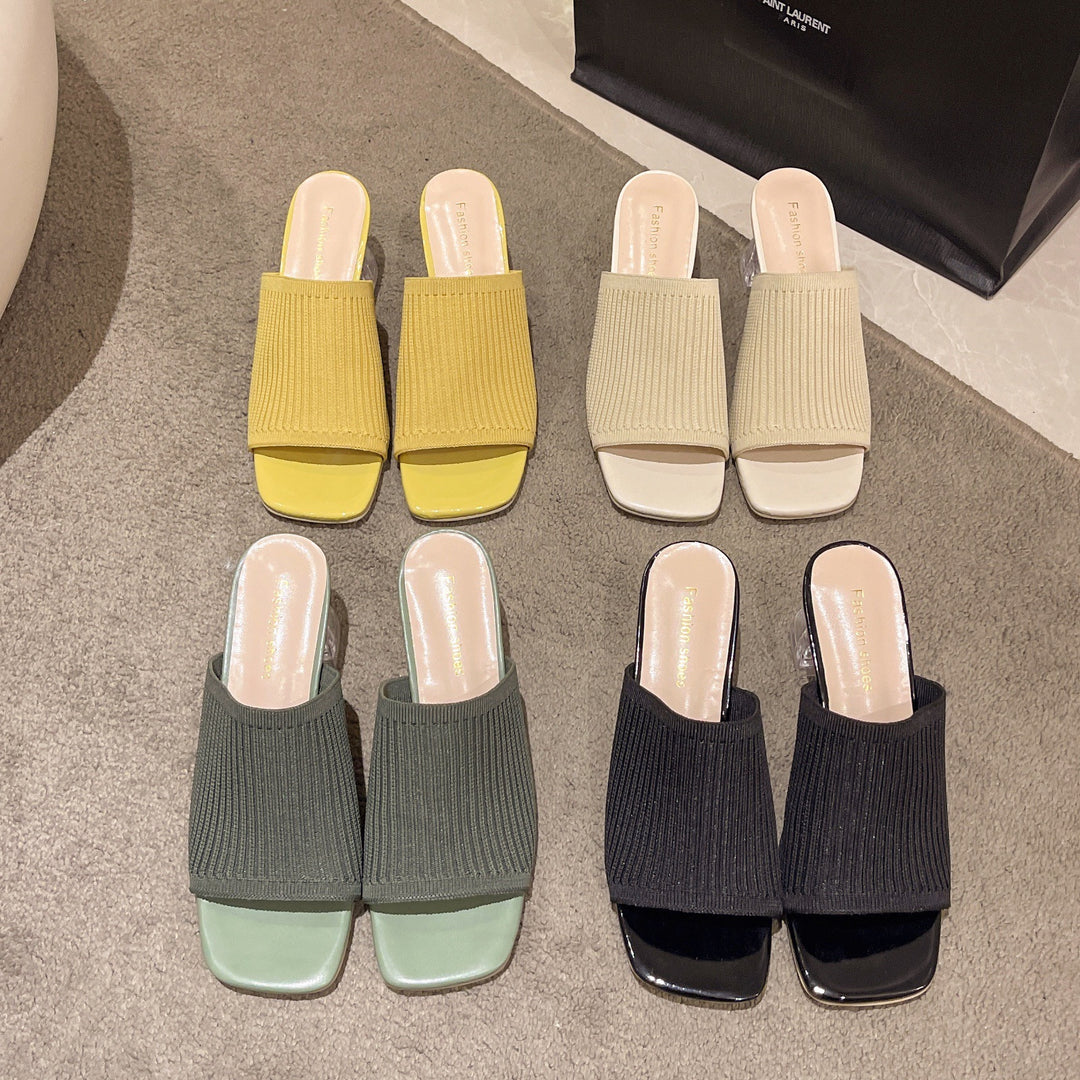 Damen Slide-Sandalen mit luftiger Rippstruktur und transparentem Blockabsatz R&B