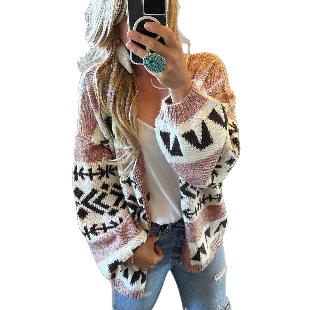 Damen gemütliche Strickjacke mit dekorativem Ethnomuster und offenem Schnitt R&B