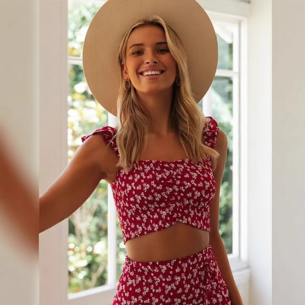 Damen Set aus Crop-Top und schwingendem Maxirock mit floralen Mustern R&B