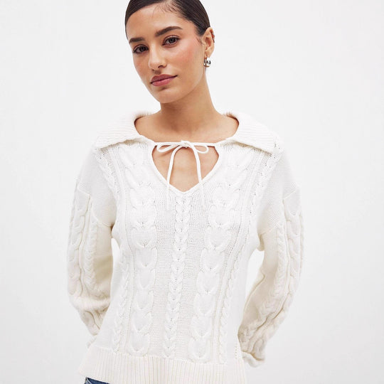 Damen Grobstrickpullover mit romantischem Kragen und praktischen Schnürdetails R&B