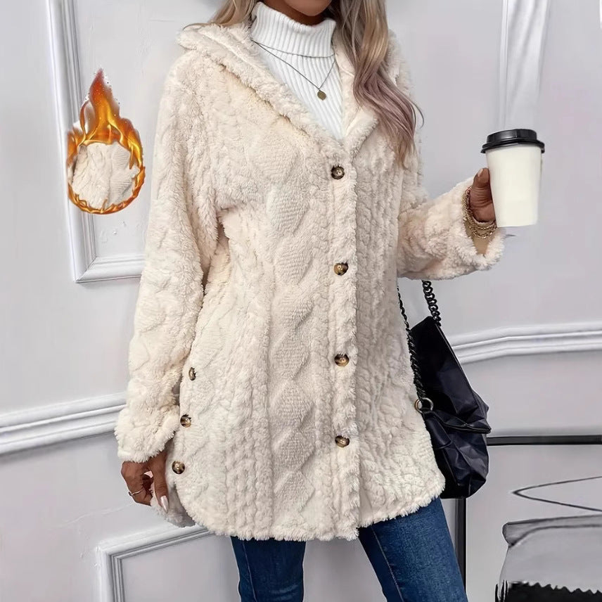 Damen kuscheliger Oversized-Mantel mit Kapuze und Knopfleiste R&B