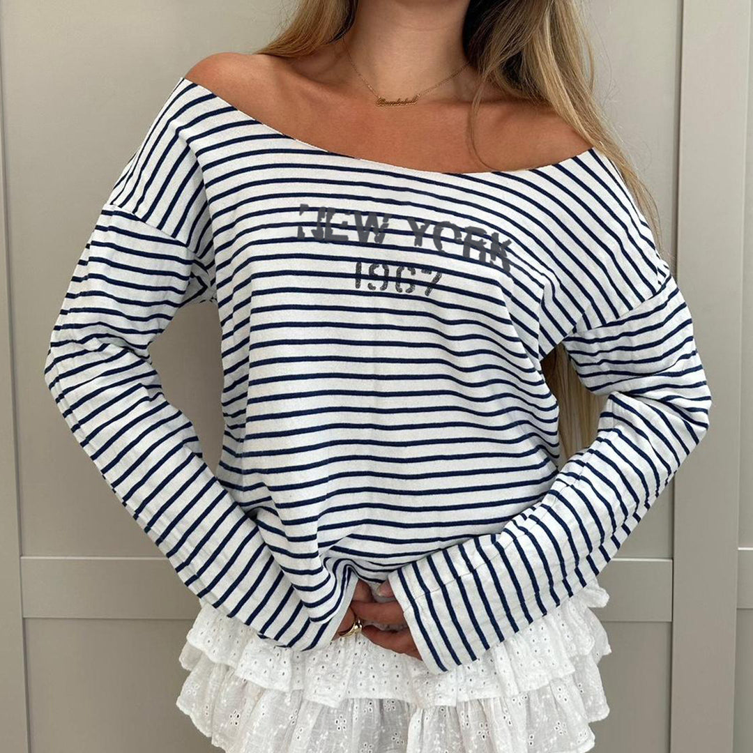 Damen Oversized Streifenpullover mit offenem Ausschnitt und lässigen Ärmeln R&B
