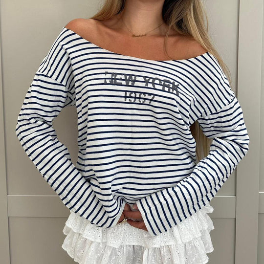 Damen Oversized Streifenpullover mit offenem Ausschnitt und lässigen Ärmeln R&B