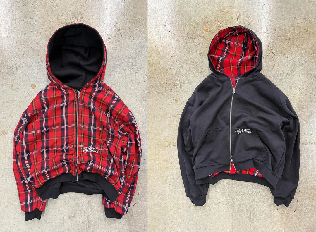 Unisex nan wendbare Kapuzenjacke mit kariertem Innenfutter, durchgehendem Reißverschluss und Kängurutasche R&B