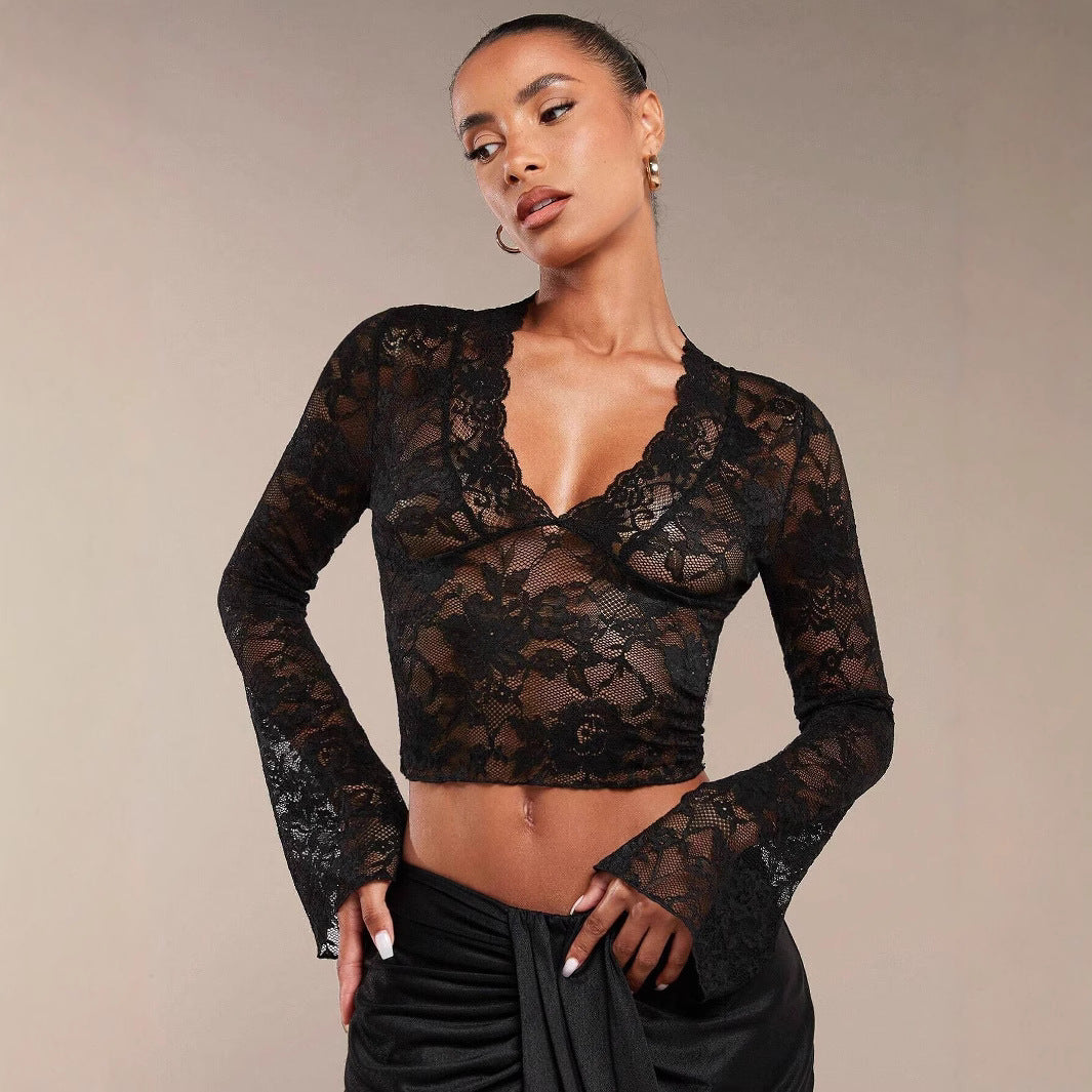 Damen nan transparente Spitzenbluse mit V-Ausschnitt, tailliert und Trompetenärmeln R&B