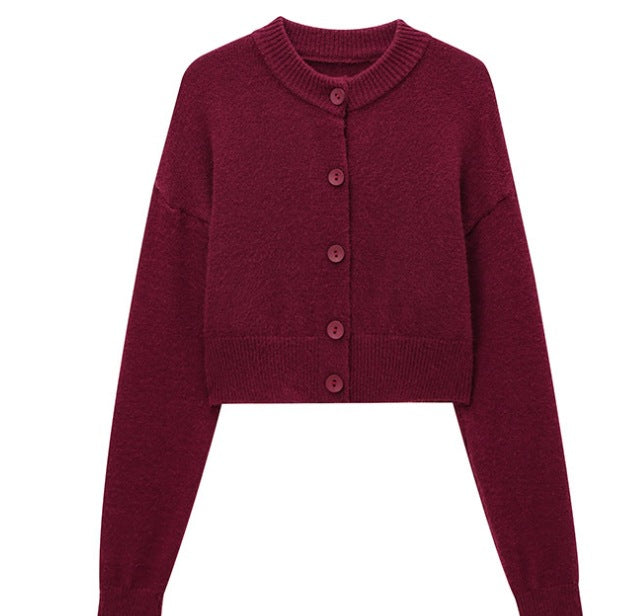 Damen Kurze Strickjacke mit Knopfleiste und Elegantem Rundhalsausschnitt R&B