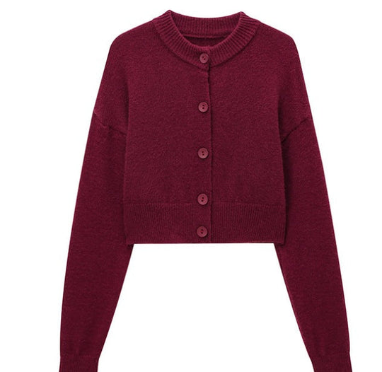 Damen Kurze Strickjacke mit Knopfleiste und Elegantem Rundhalsausschnitt R&B