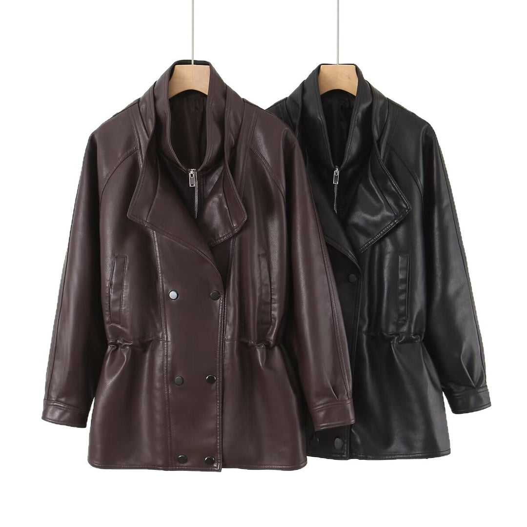Damen Kunstlederjacke mit breitem Revers und praktischen Taschen R&B