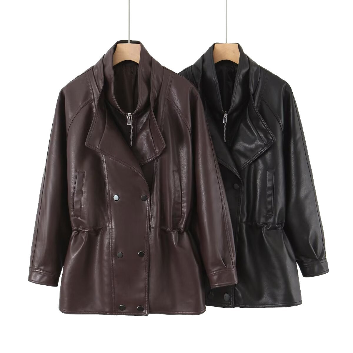 Damen Kunstlederjacke mit breitem Revers und praktischen Taschen R&B