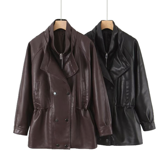 Damen Kunstlederjacke mit breitem Revers und praktischen Taschen R&B