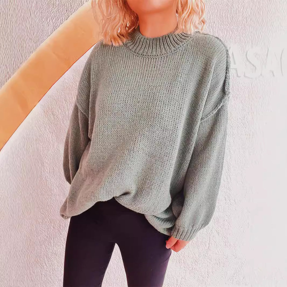 Damen lässiger Grobstrickpullover mit hohem Kragen und weitem Schnitt R&B