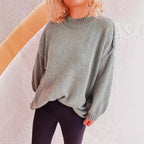 Damen lässiger Grobstrickpullover mit hohem Kragen und weitem Schnitt R&B