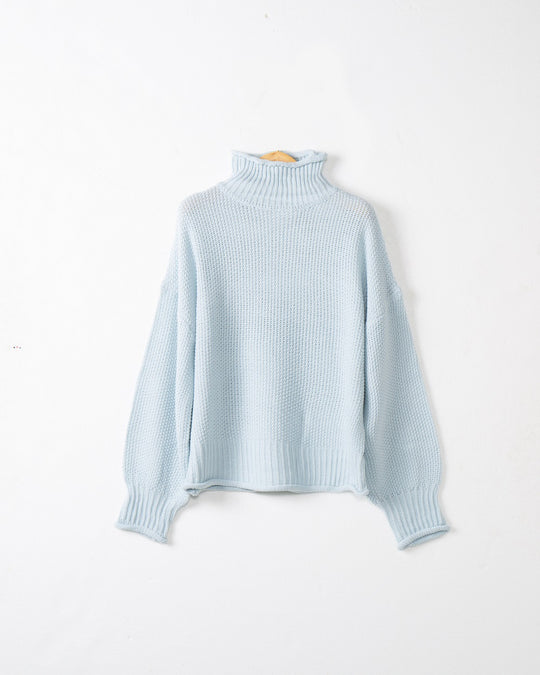 Damen grobstrick Pullover mit Stehkragen und überschnittenen Schultern R&B