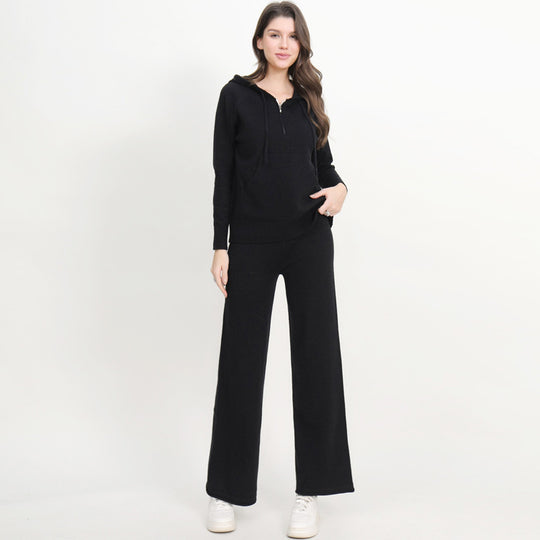 Damen lässiges Strick-Loungewear-Set mit Kapuze und weitem Bein R&B