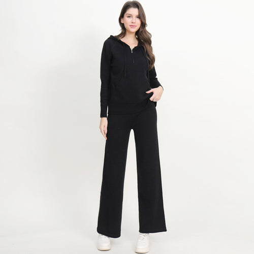 Damen lässiges Strick-Loungewear-Set mit Kapuze und weitem Bein R&B