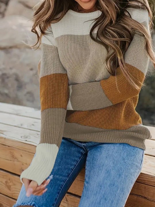 Damen modischer Strickpullover mit modernem Streifen-Design und langen Ärmeln R&B