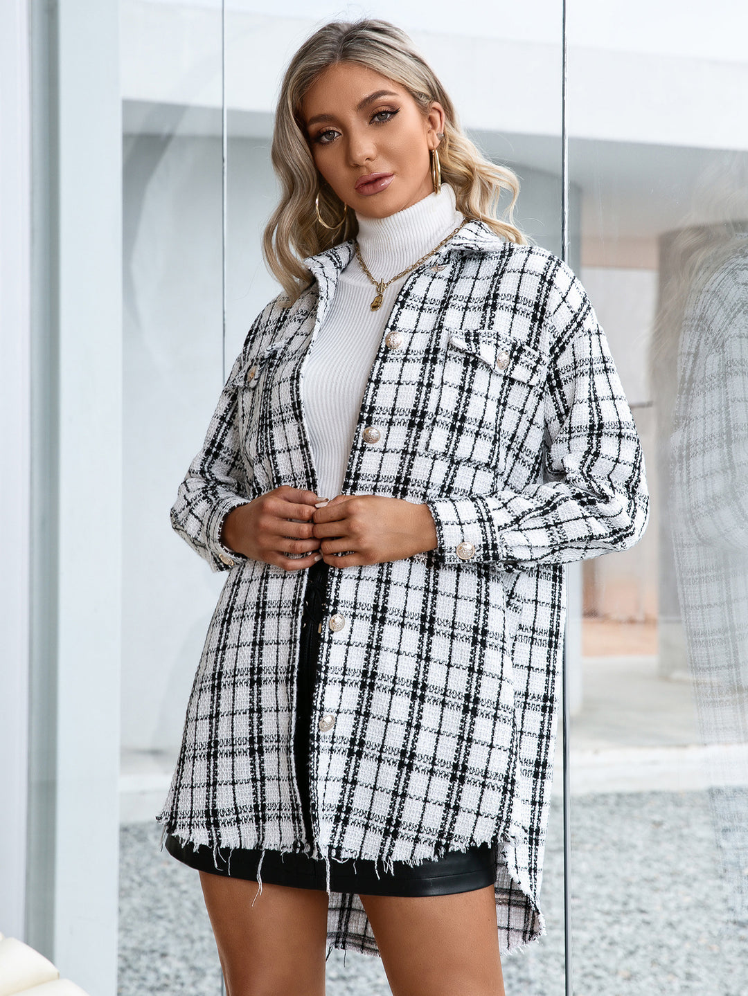Damen Karierte Overshirtjacke mit lässigem Schnitt und Fransen R&B