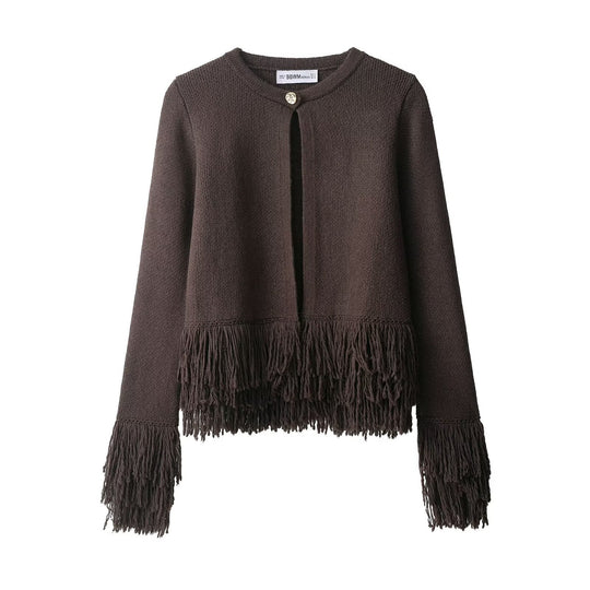 Damen Fransen Strickjacke mit eleganter Knopfverschlusstechnik R&B