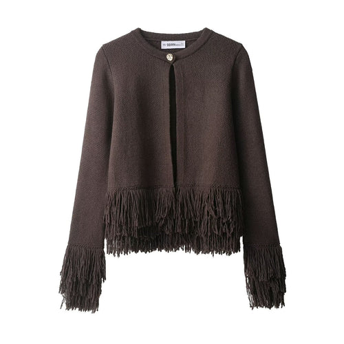 Damen Fransen Strickjacke mit eleganter Knopfverschlusstechnik R&B