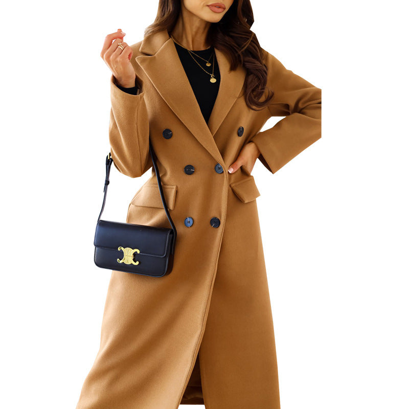 Damen Eleganter Doppelt-gesetzter Wollmantel mit Taschen R&B
