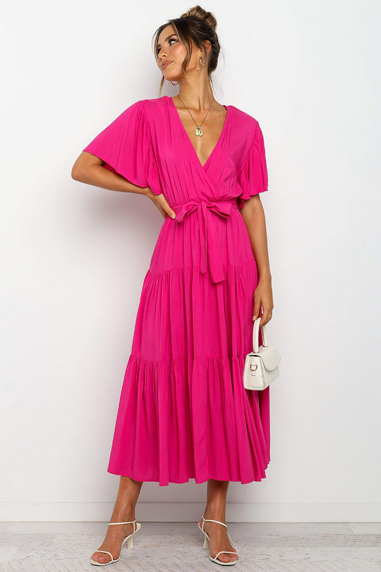 Damen Maxikleid mit tiefem V-Ausschnitt und schwingenden Ärmeln R&B