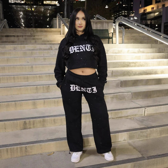 Damen nan Loungehose mit Galaxie-Sternenprint, geradem Bein, elastischem Komfortbund und gotischem Schriftzug R&B